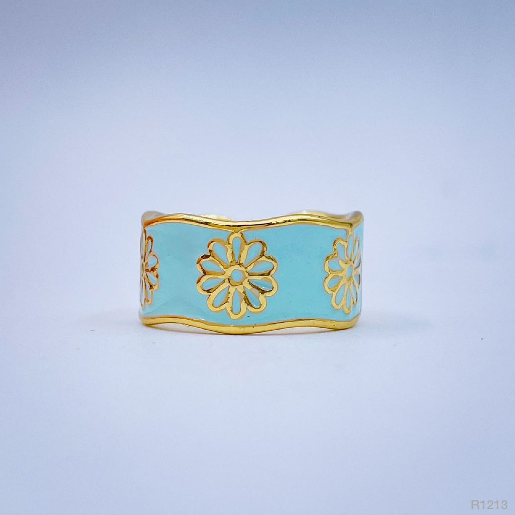 Copper Flower Enamel Blue Gold Free Size Adjustable Band Ring Bulk