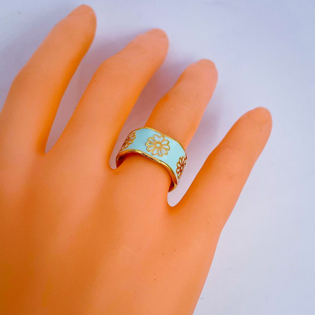 Copper Flower Enamel Blue Gold Free Size Adjustable Band Ring Bulk