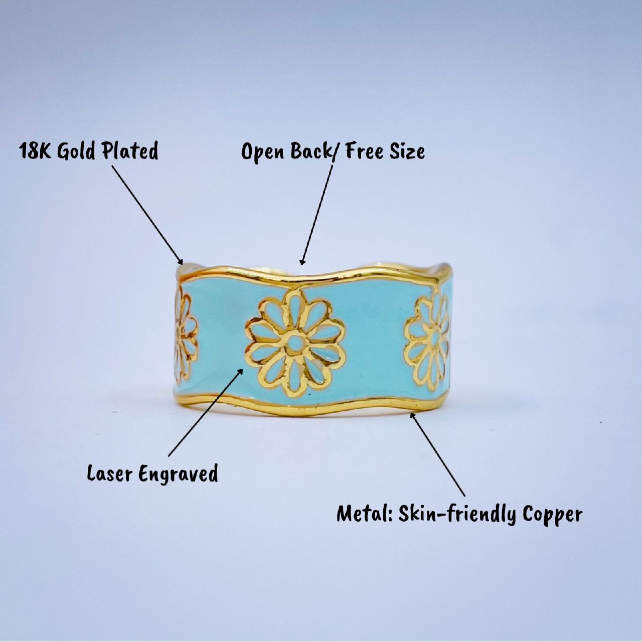 Copper Flower Enamel Blue Gold Free Size Adjustable Band Ring Bulk