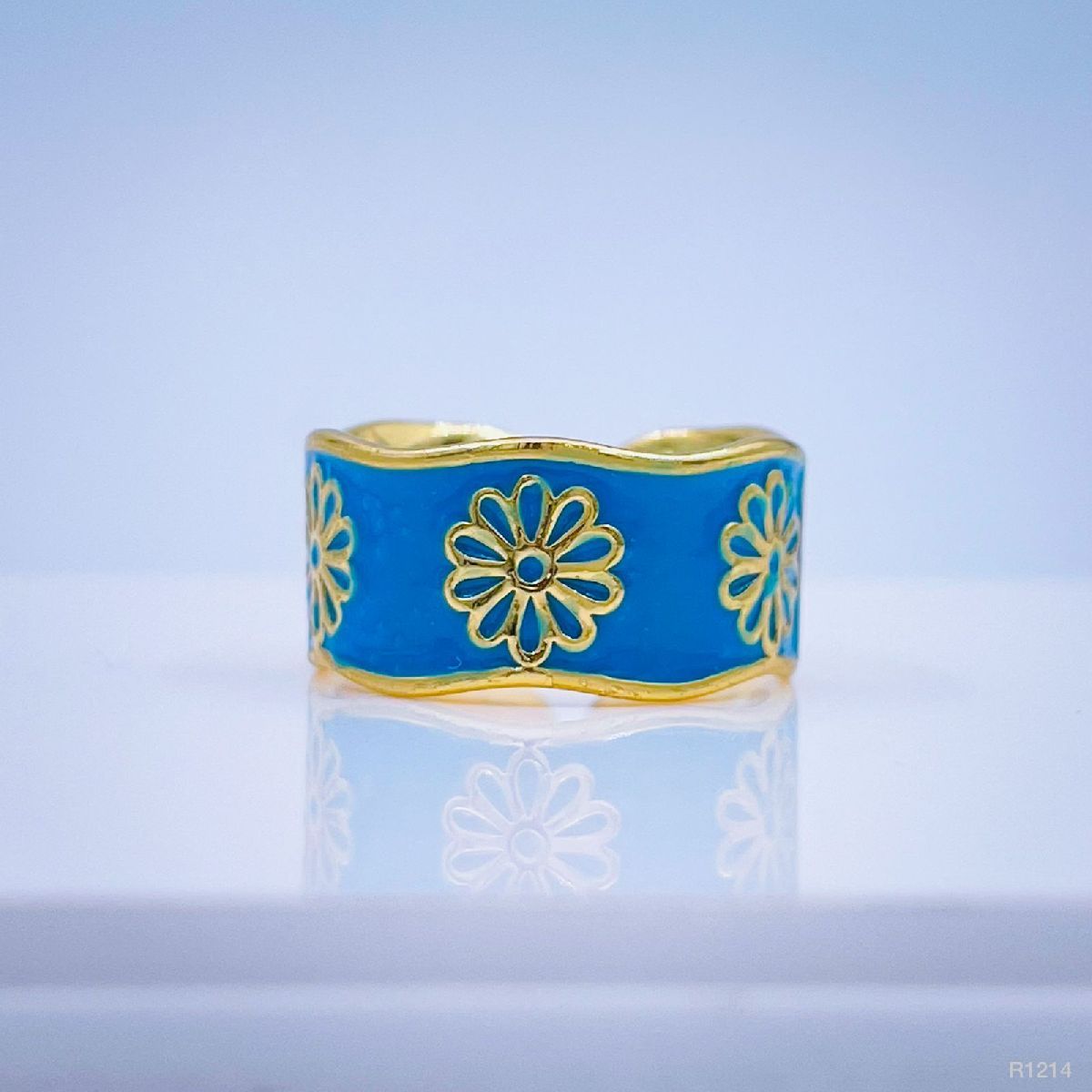 Copper Enamel Dark Blue Gold Flower Adjustable Ring For Women Bulk