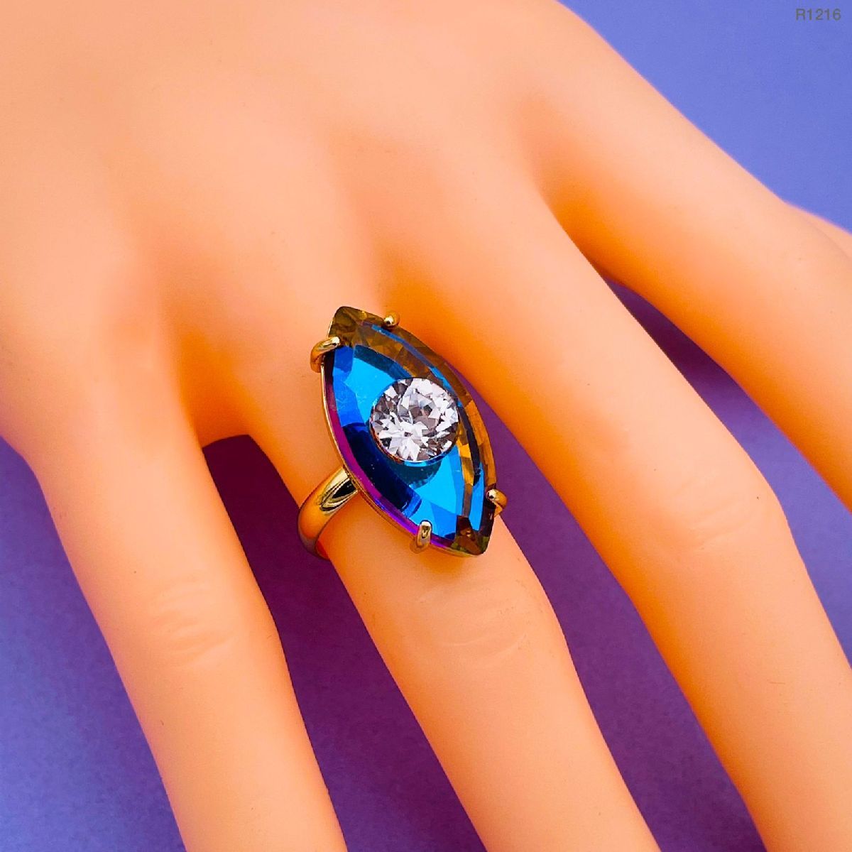 Copper Crystal Gold Multicolour Evil Eye Adjustable Ring Women Bulk