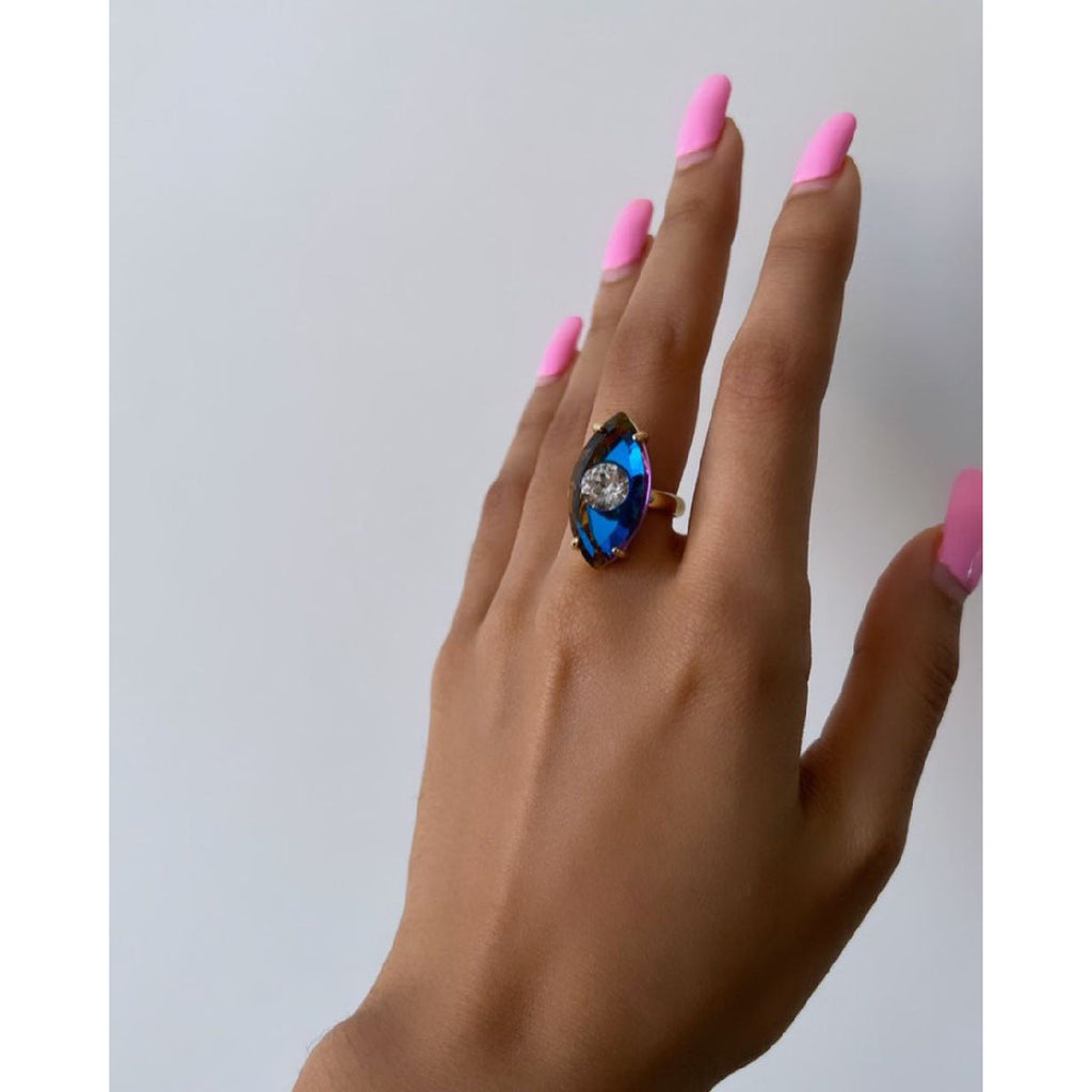Copper Crystal Gold Multicolour Evil Eye Adjustable Ring Women Bulk