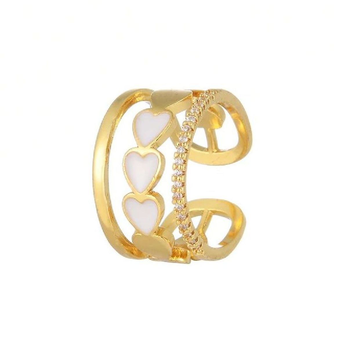 Heart Gold CZ White Enamel Copper Adjustable Band Ring Bulk