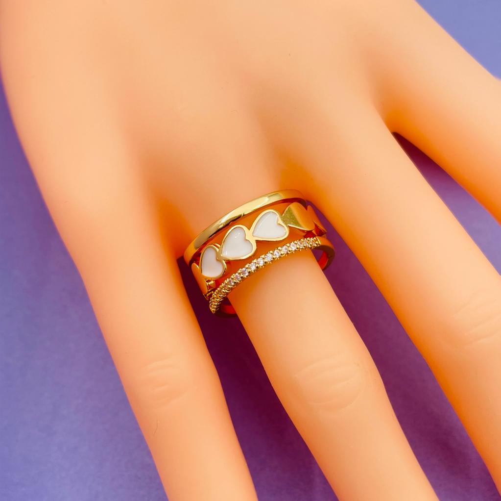 Heart Gold CZ White Enamel Copper Adjustable Band Ring Bulk