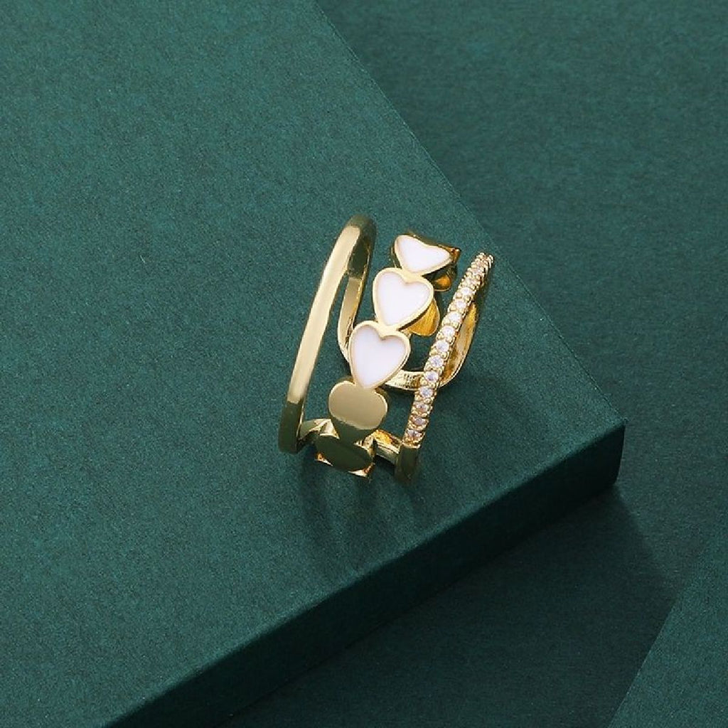 Heart Gold CZ White Enamel Copper Adjustable Band Ring Bulk