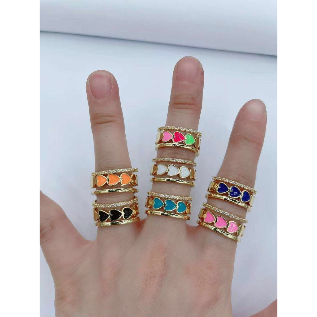 Heart Gold CZ White Enamel Copper Adjustable Band Ring Bulk