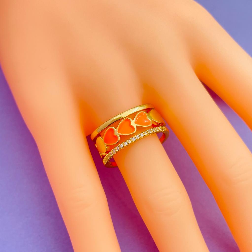 Heart Gold CZ White Enamel Copper Adjustable Band Ring Bulk