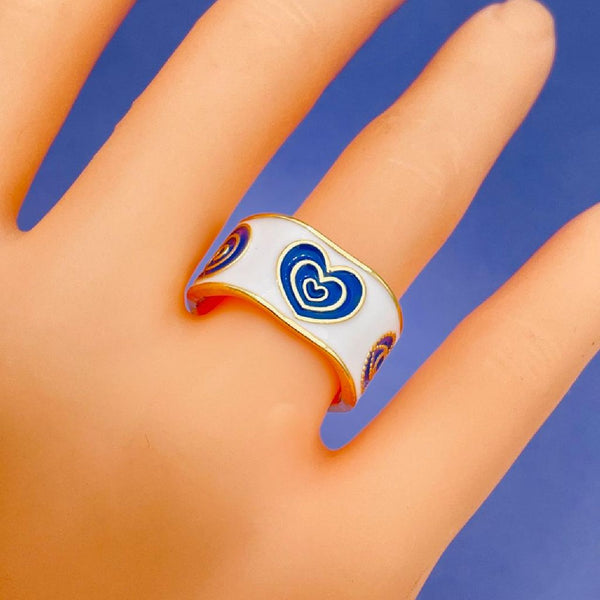 Gold Enamel Blue White Heart Evil Eye Copper Band Ring Bulk Secondary image