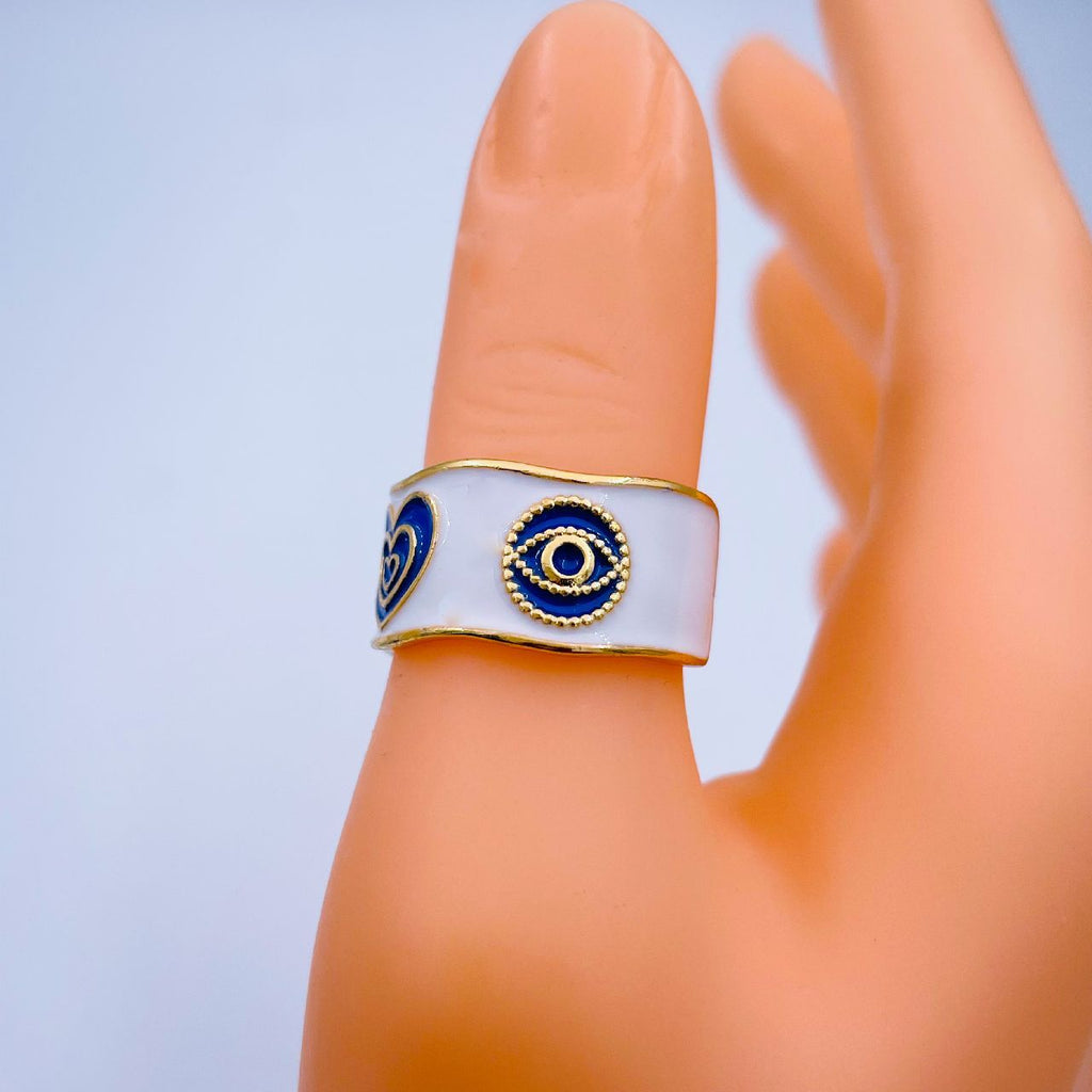 Gold Enamel Blue White Heart Evil Eye Copper Band Ring Bulk