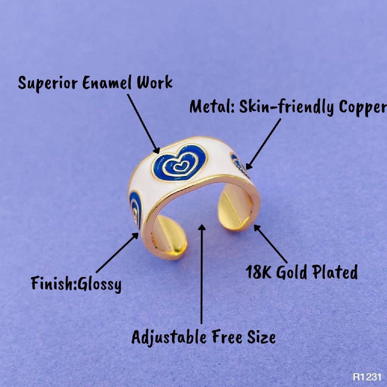 Gold Enamel Blue White Heart Evil Eye Copper Band Ring Bulk