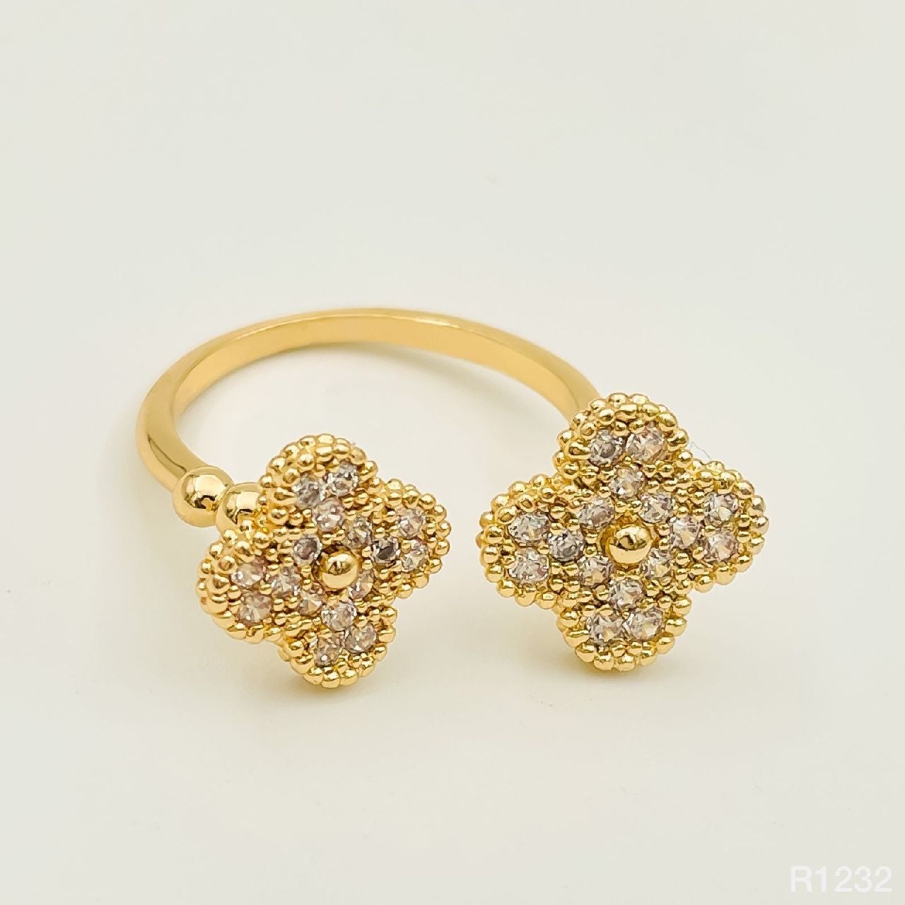 Gold CZ Clover Flower Copper Free Size Adjustable Band Ring Bulk
