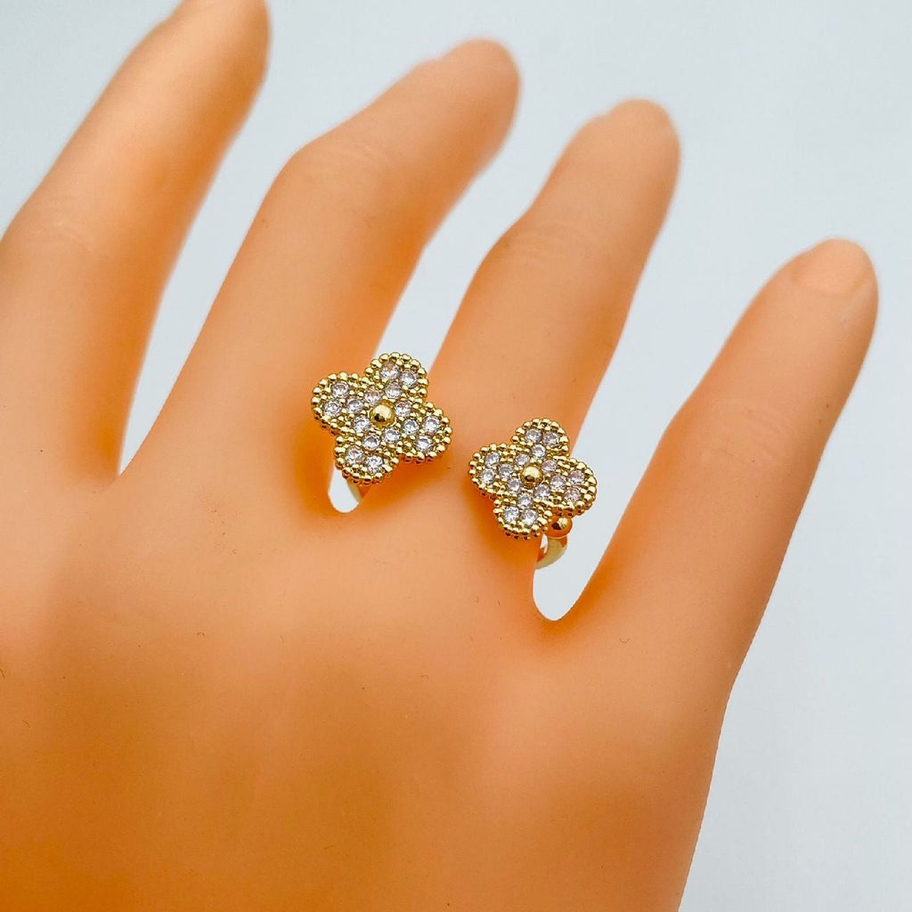 Gold CZ Clover Flower Copper Free Size Adjustable Band Ring Bulk