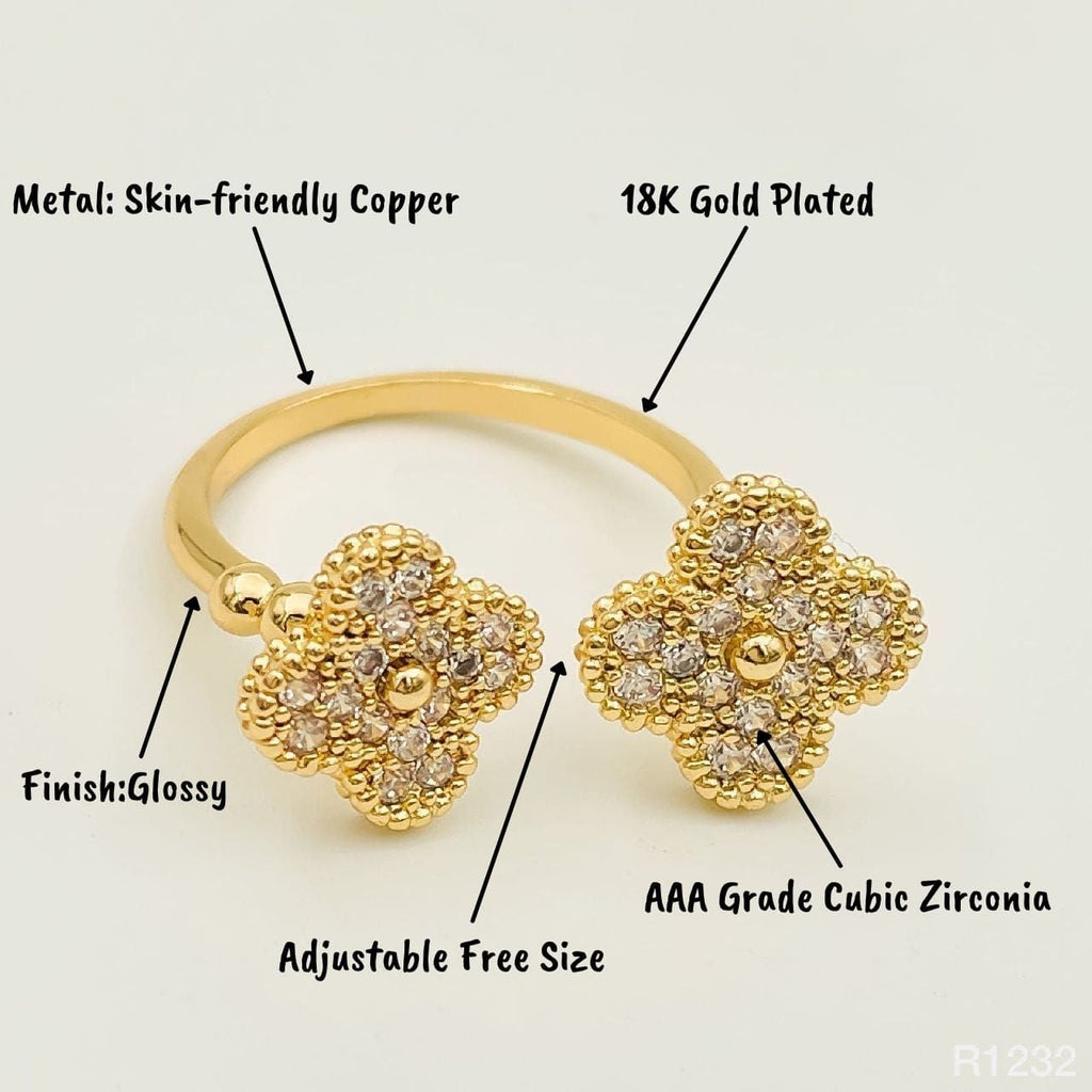 Gold CZ Clover Flower Copper Free Size Adjustable Band Ring Bulk