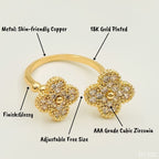 Gold CZ Clover Flower Copper Free Size Adjustable Band Ring Bulk