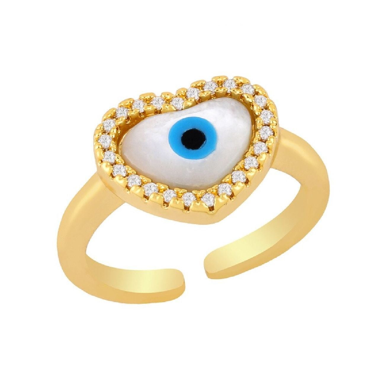 Copper Gold Mother Of Pearl Heart Adjustable Evil Eye Ring Bulk Secondary image