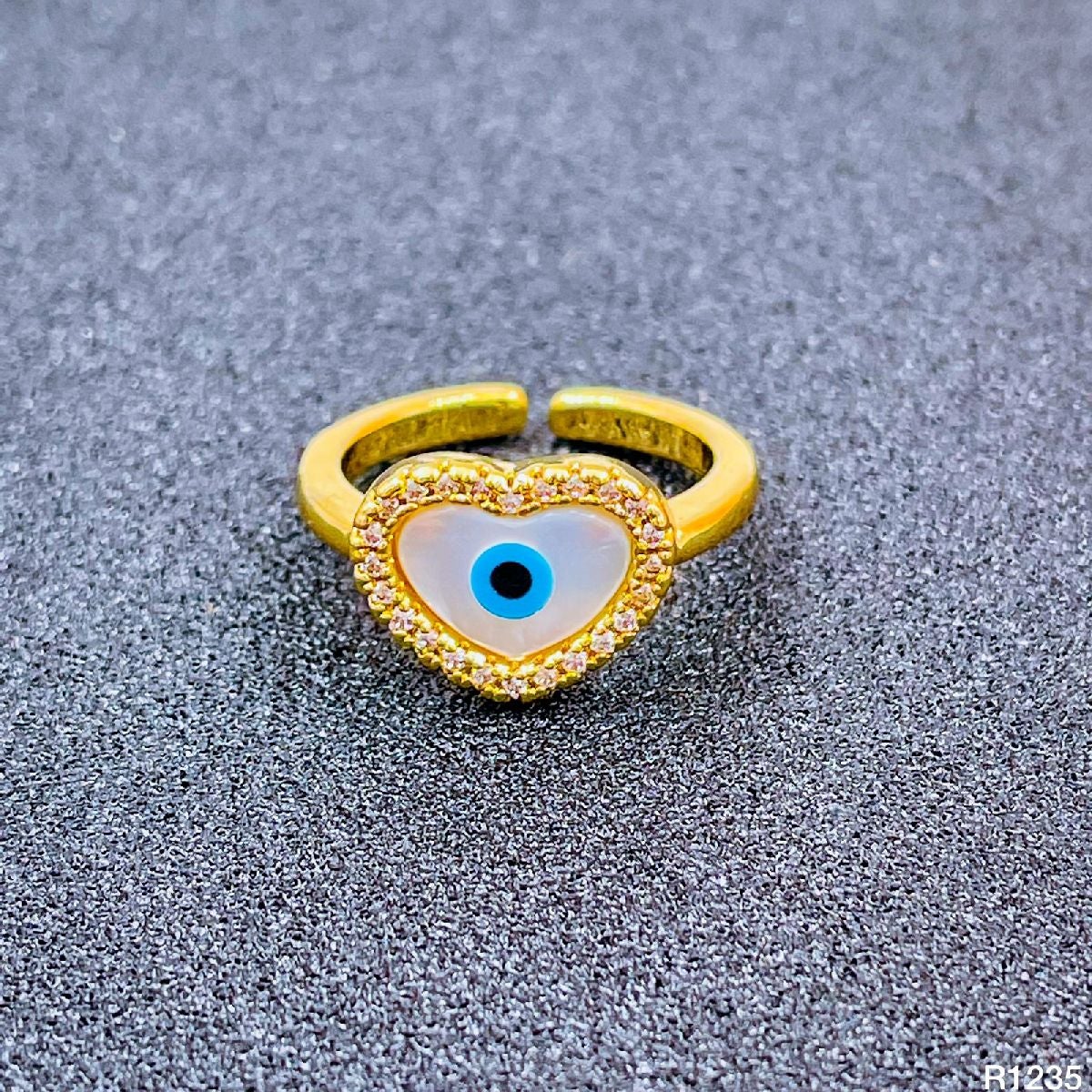 Copper Gold Mother Of Pearl Heart Adjustable Evil Eye Ring Bulk