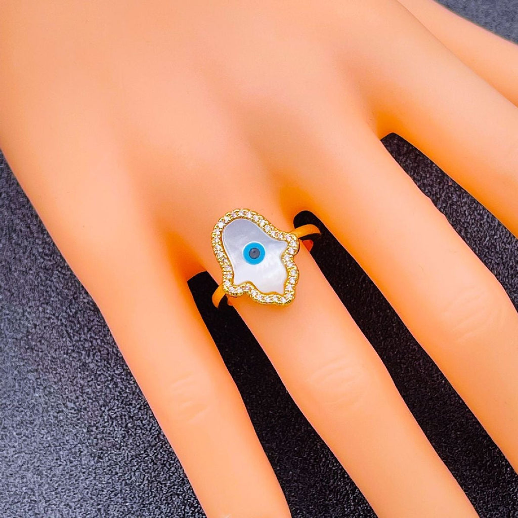 Copper Gold Mother Of Pearl Hamsa Adjustable Evil Eye Ring Bulk