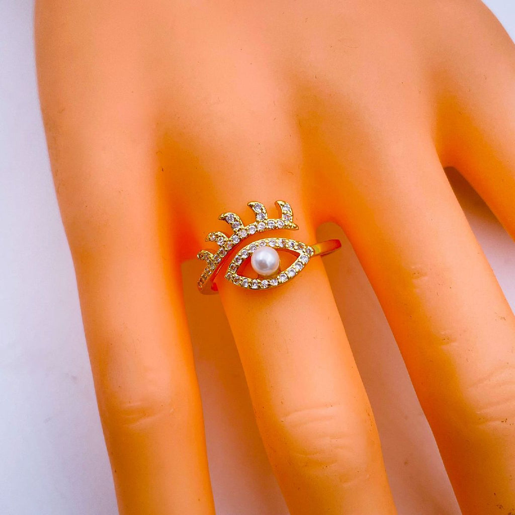 Eye Lash Copper Gold Pearl Free Size Adjustable Evil Eye Ring Bulk