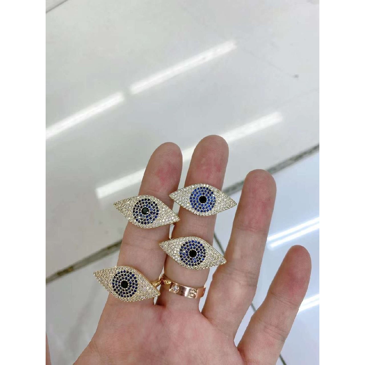 Copper Gold Crystal Statement Evil Eye Free Size Adjustable Ring Bulk