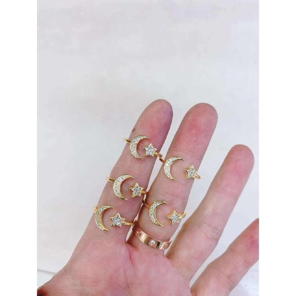 Copper Gold Crystal Crescent Moon Star Free Size Adjustable Ring Bulk