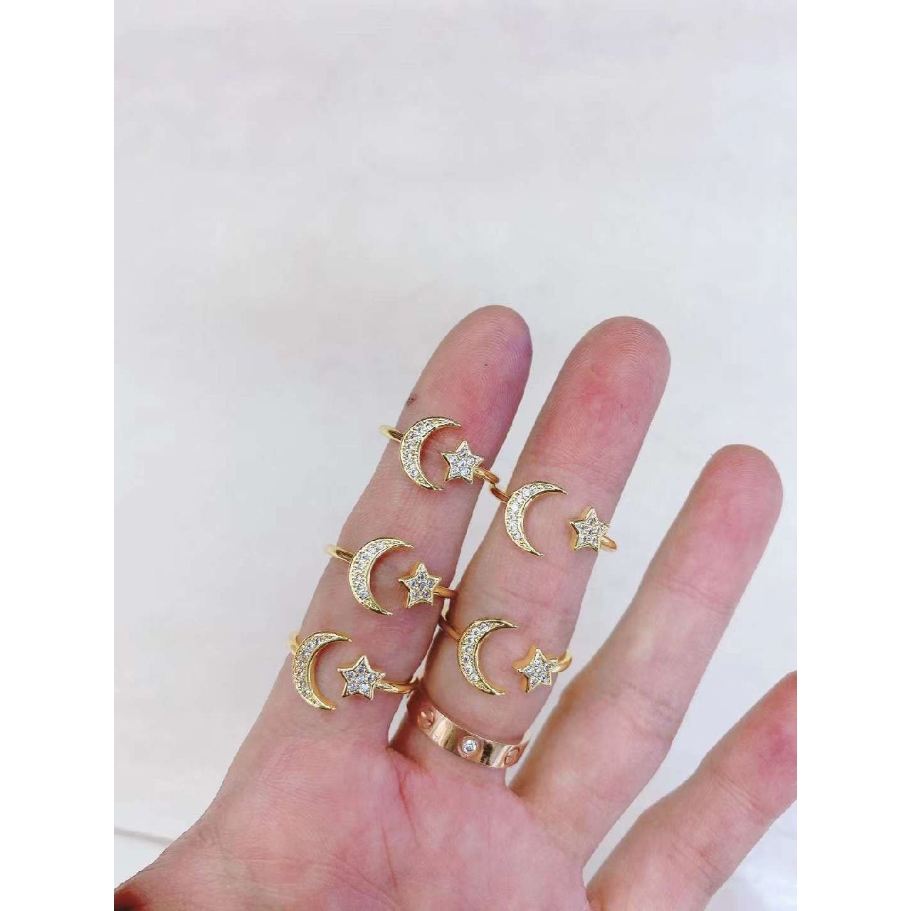 Copper Gold Crystal Crescent Moon Star Free Size Adjustable Ring Bulk