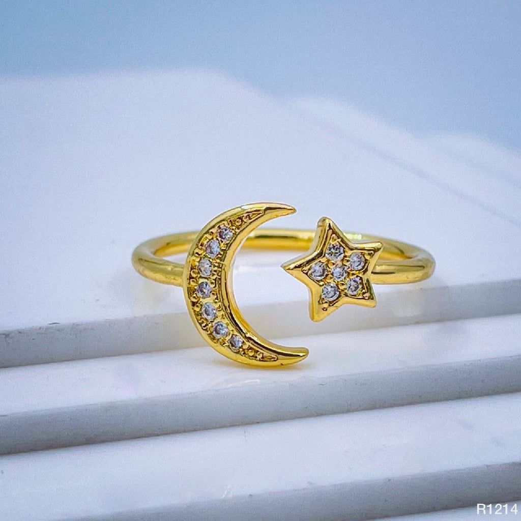 Copper Gold Crystal Crescent Moon Star Free Size Adjustable Ring Bulk