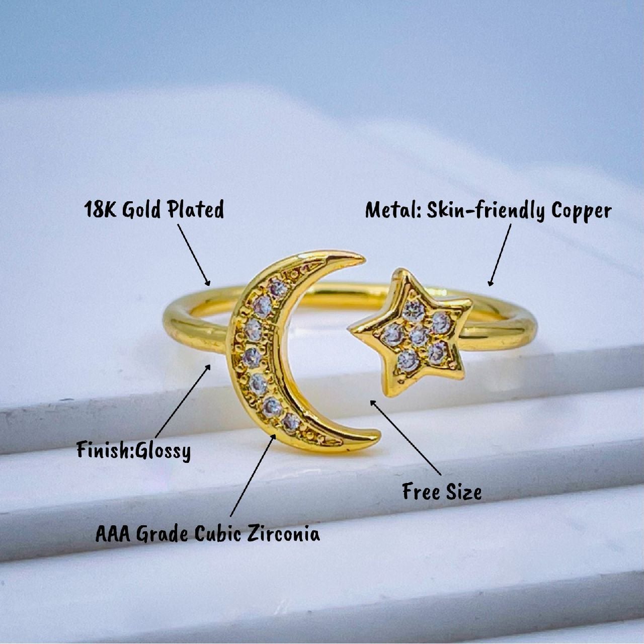 Copper Gold Crystal Crescent Moon Star Free Size Adjustable Ring Bulk