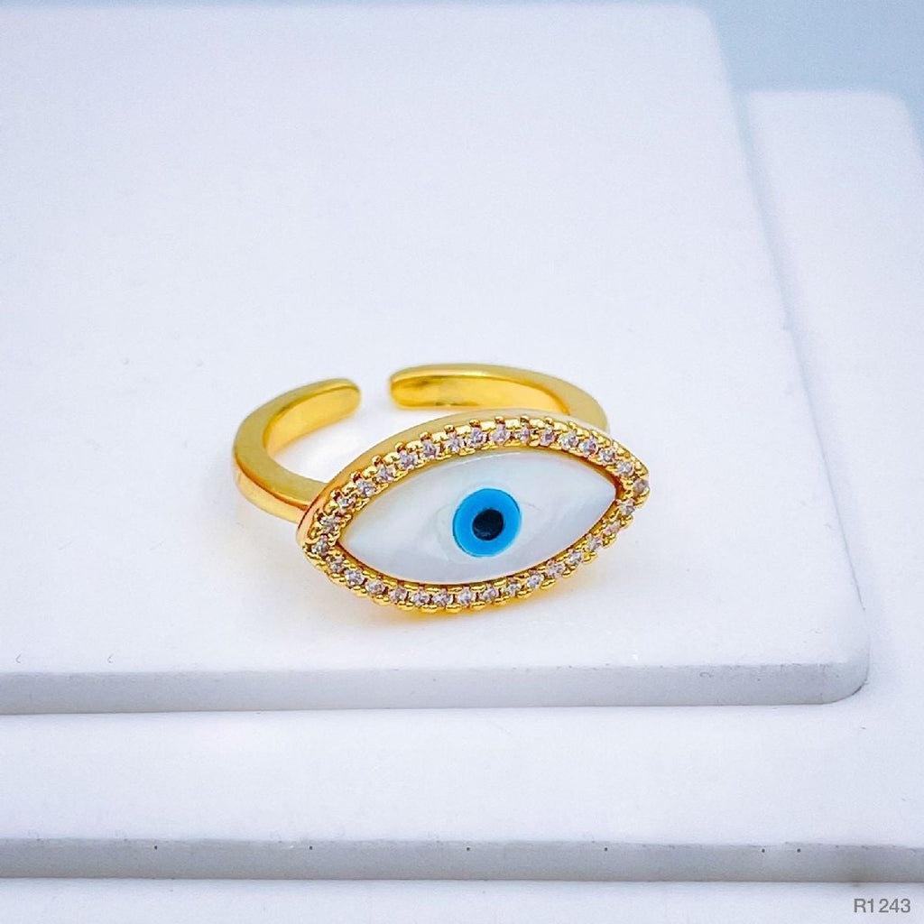 Evil Eye Copper Cubic Zirconia Gold White Oval Adjustable Ring Bulk