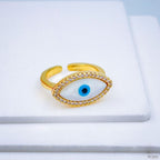 Evil Eye Copper Cubic Zirconia Gold White Oval Adjustable Ring Bulk