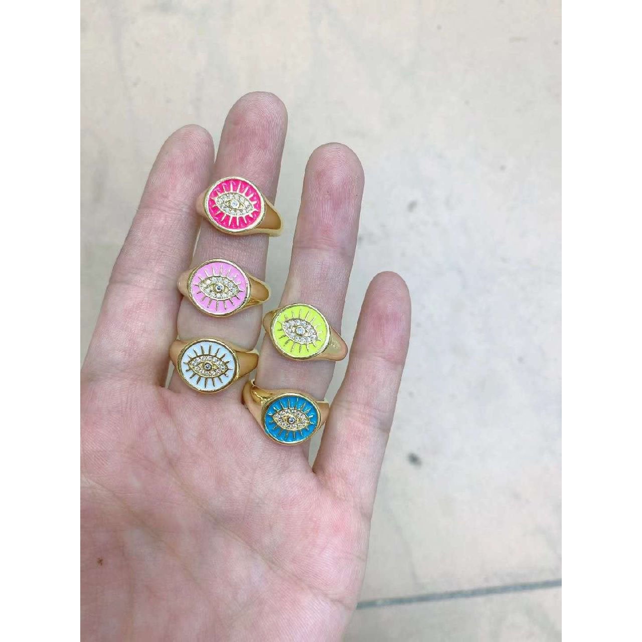 Copper Gold Enamel Dark Pink Evil Eye Free Size Adjustable Ring Bulk Main image