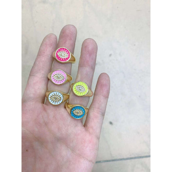 Copper Gold Enamel Dark Pink Evil Eye Free Size Adjustable Ring Bulk Main image