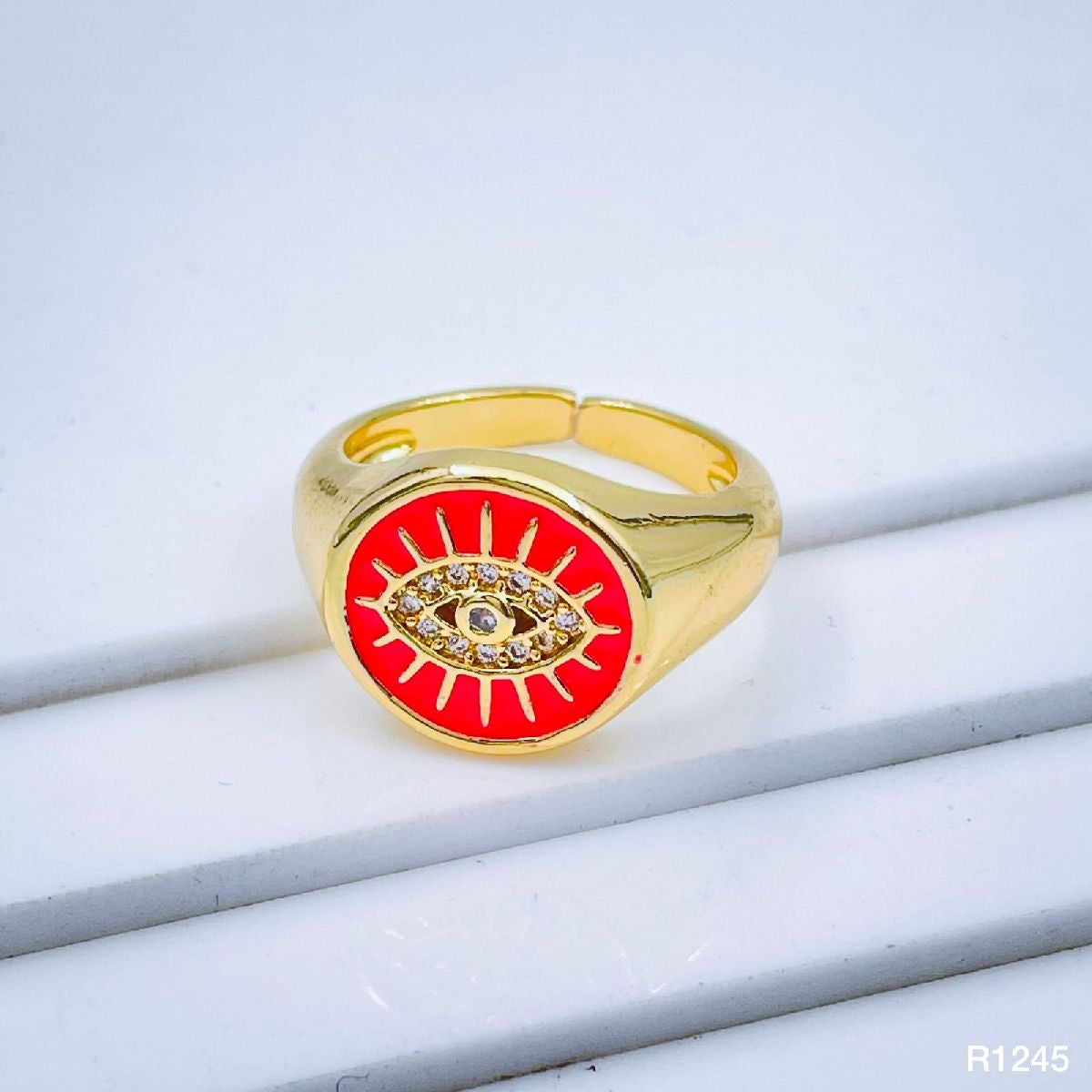 Copper Gold Enamel Dark Pink Evil Eye Free Size Adjustable Ring Bulk