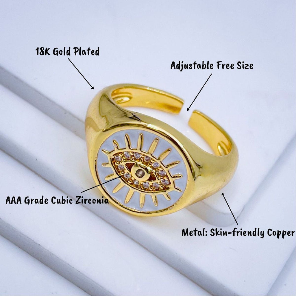 Copper Gold Enamel Dark Pink Evil Eye Free Size Adjustable Ring Bulk