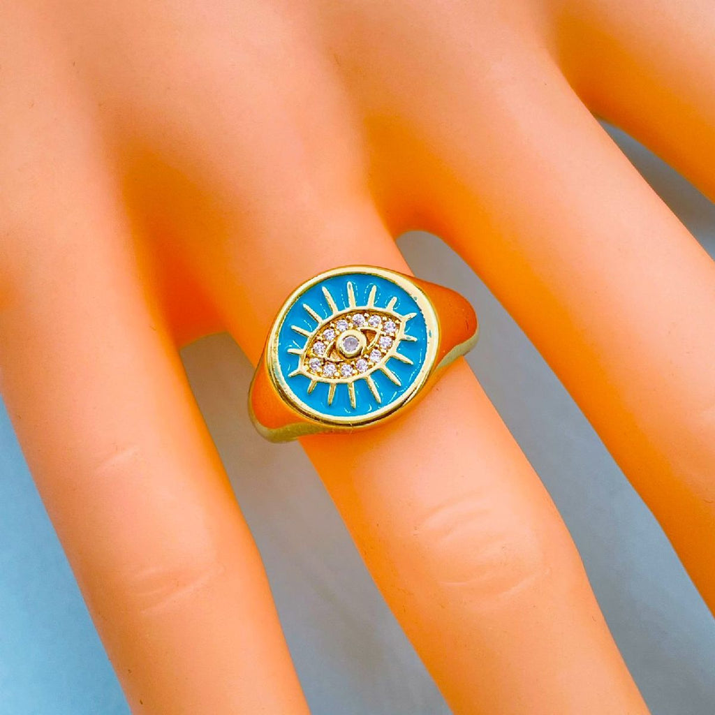 Copper Gold Enamel Dark Pink Evil Eye Free Size Adjustable Ring Bulk