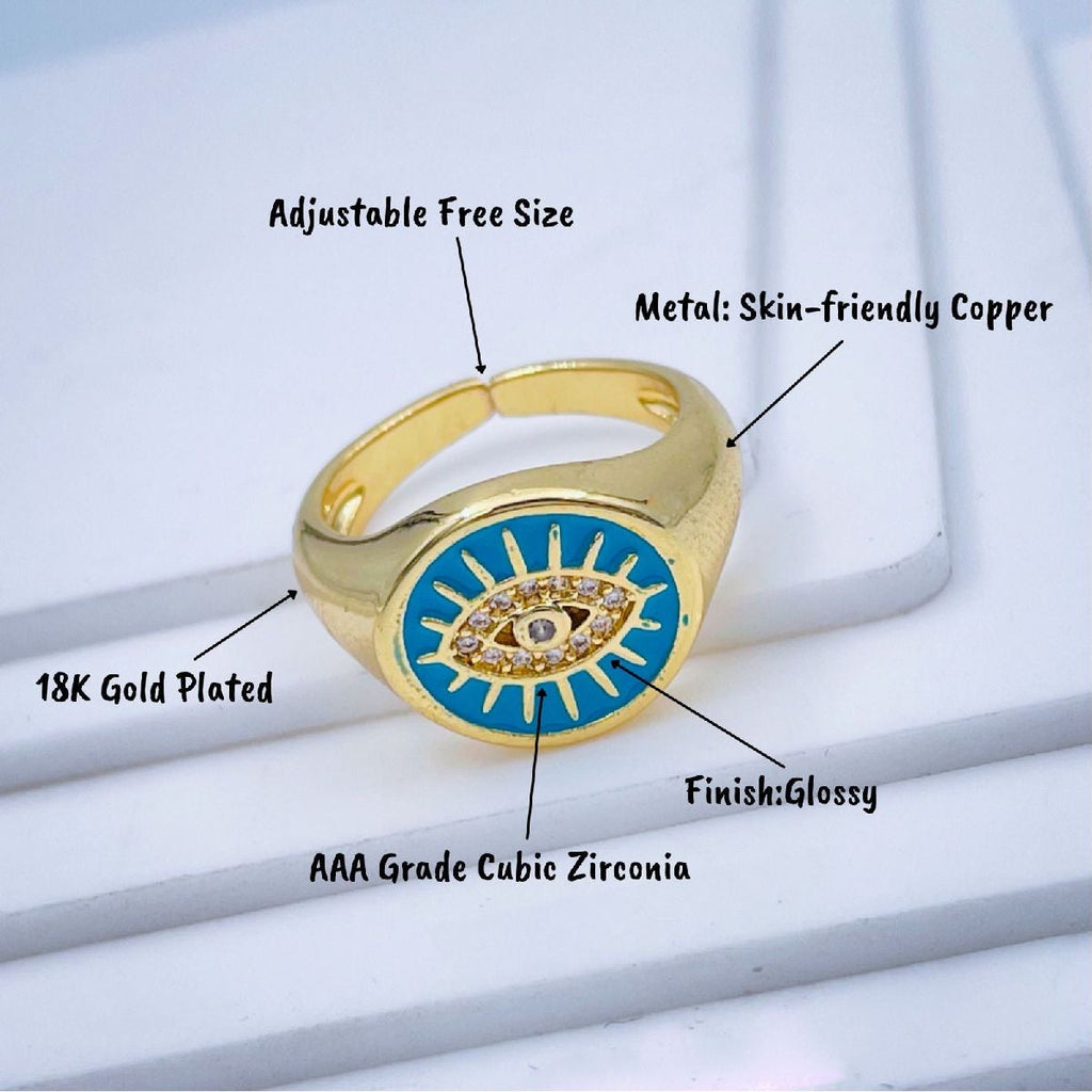 Copper Gold Enamel Dark Pink Evil Eye Free Size Adjustable Ring Bulk