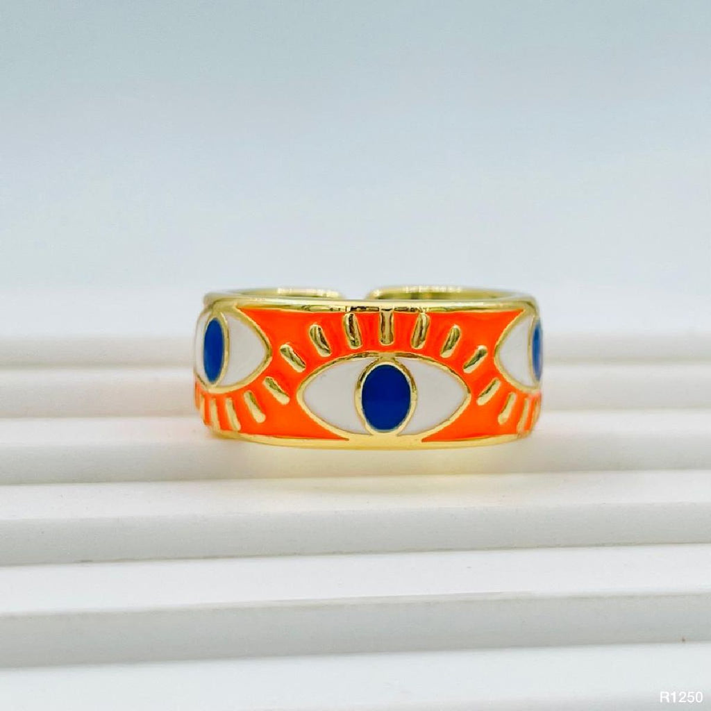 Gold Enamel Orange White Evil Eye Copper Adjustable Band Ring Bulk