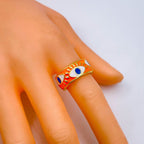 Gold Enamel Orange White Evil Eye Copper Adjustable Band Ring Bulk