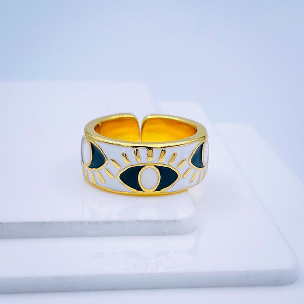Gold Enamel Orange White Evil Eye Copper Adjustable Band Ring Bulk Main image