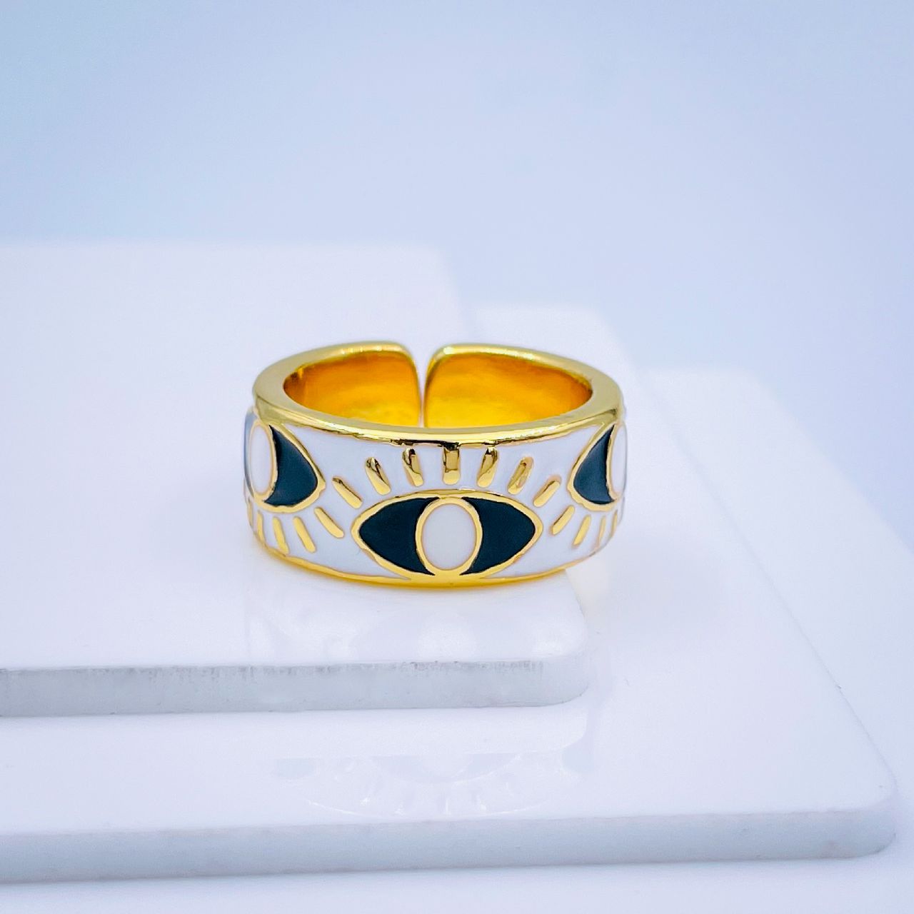 Gold Enamel Orange White Evil Eye Copper Adjustable Band Ring Bulk