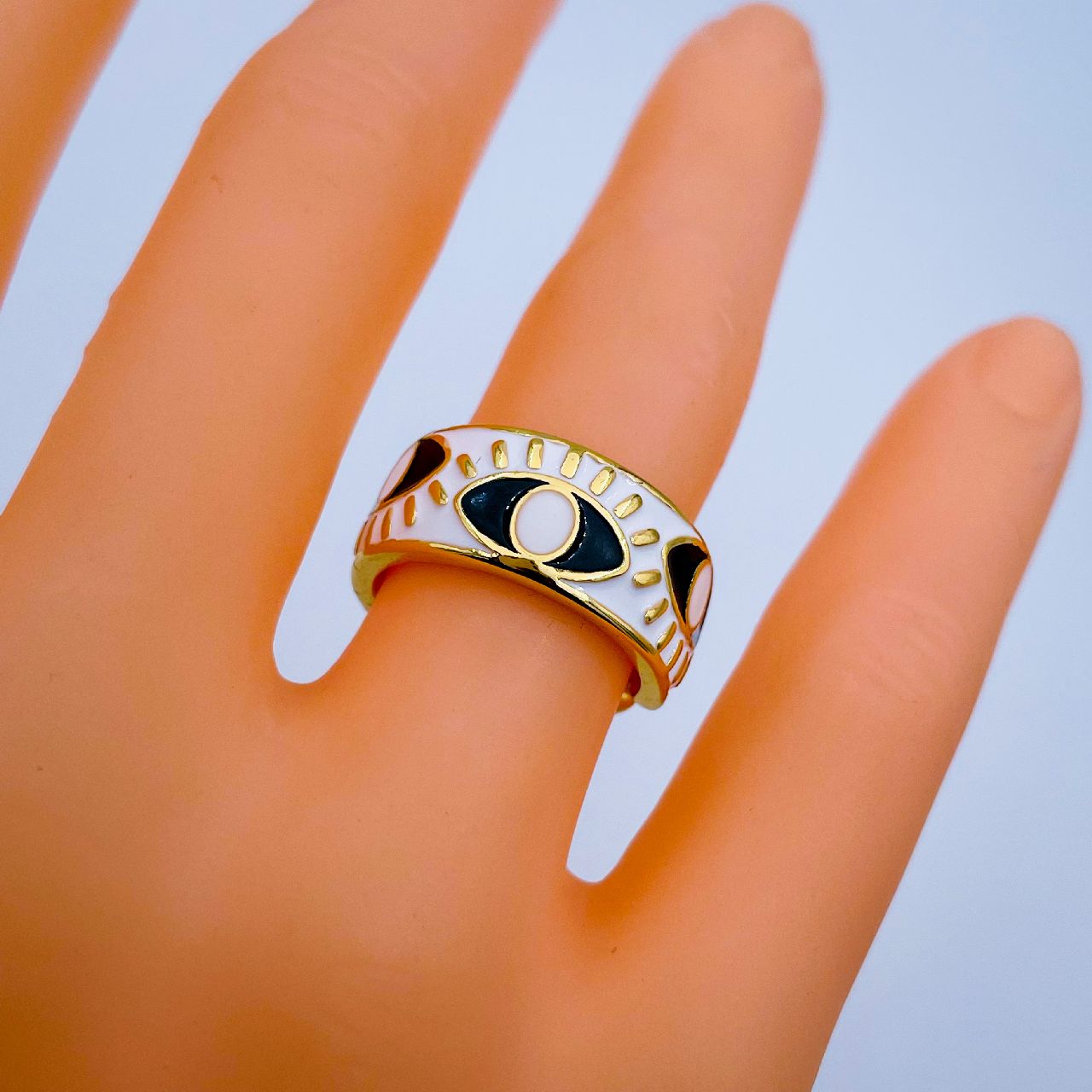 Gold Enamel Orange White Evil Eye Copper Adjustable Band Ring Bulk