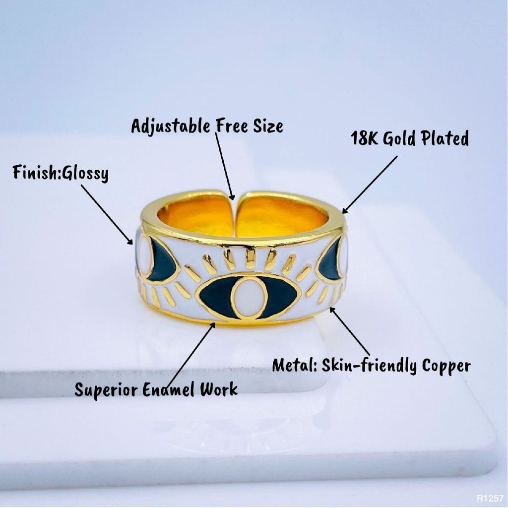 Gold Enamel Orange White Evil Eye Copper Adjustable Band Ring Bulk