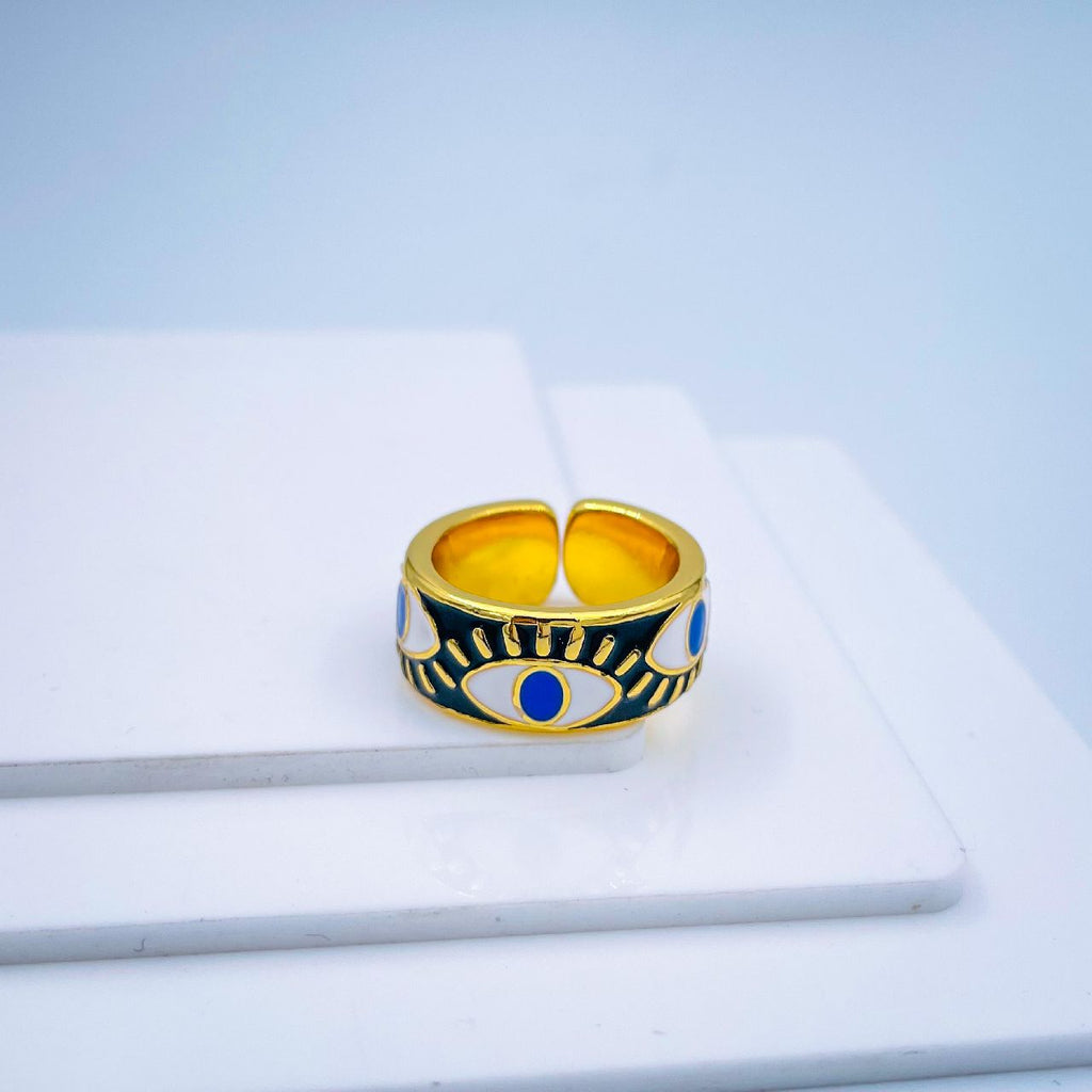Gold Enamel Orange White Evil Eye Copper Adjustable Band Ring Bulk