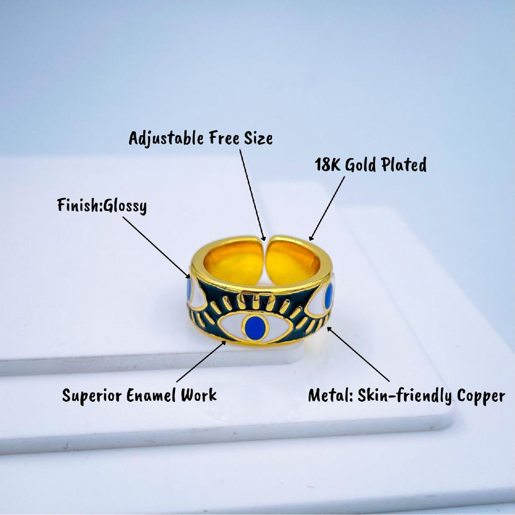 Gold Enamel Orange White Evil Eye Copper Adjustable Band Ring Bulk