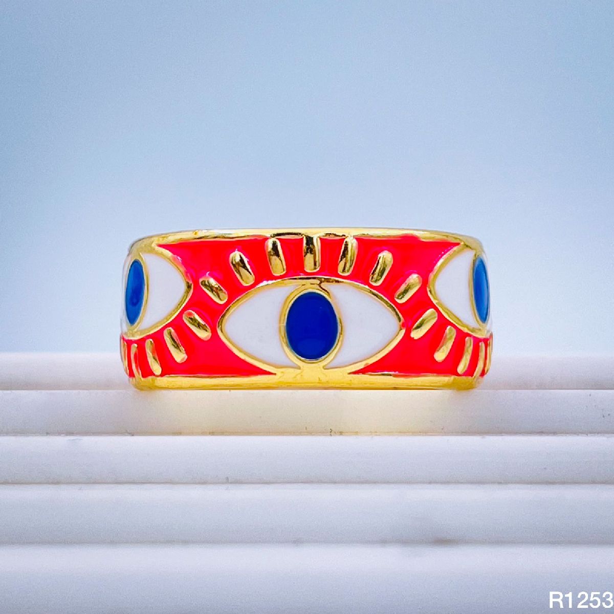 Gold Enamel Orange White Evil Eye Copper Adjustable Band Ring Bulk