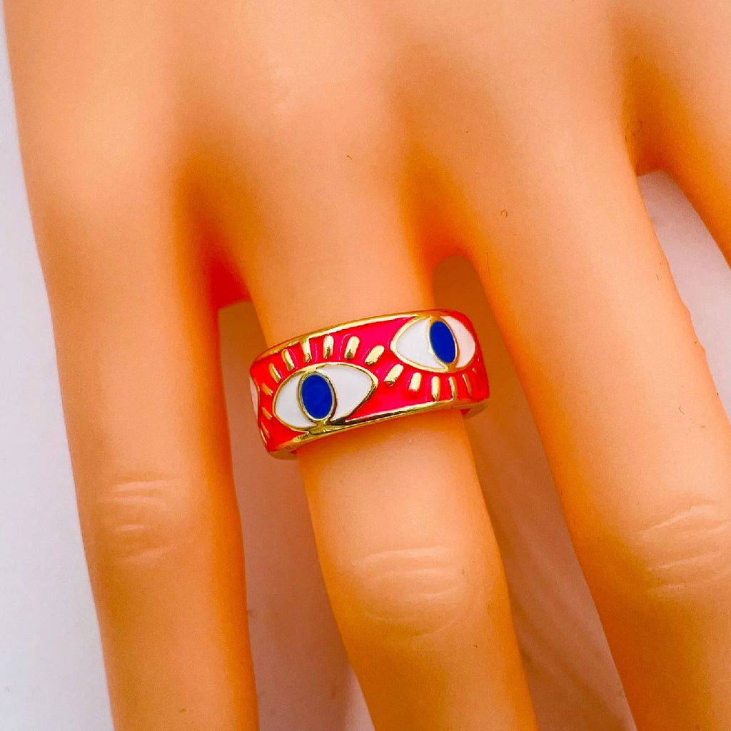 Gold Enamel Orange White Evil Eye Copper Adjustable Band Ring Bulk