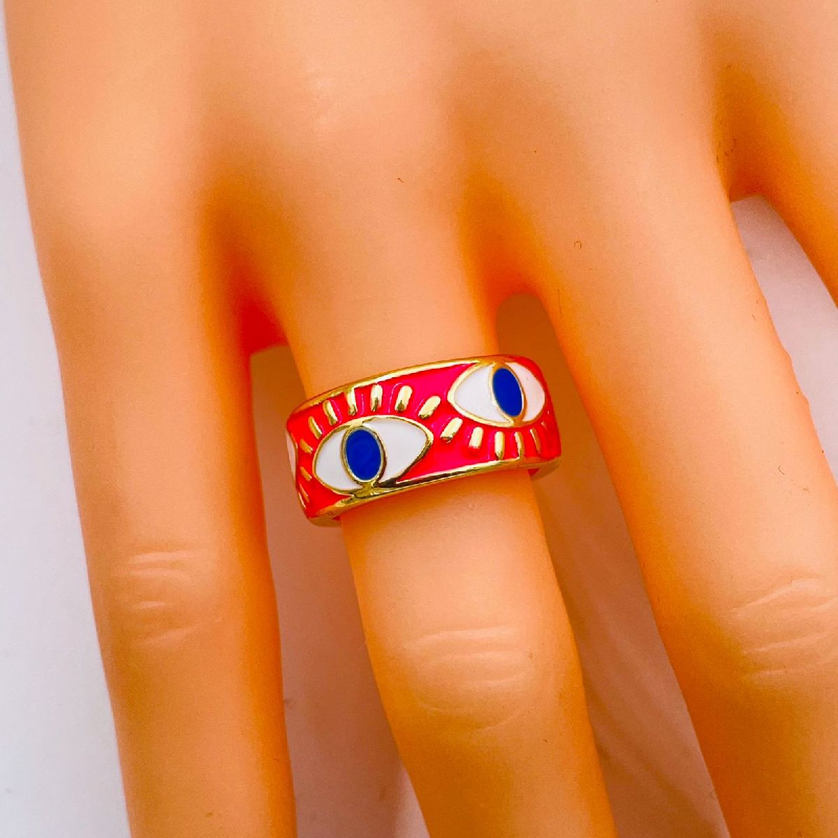 Gold Enamel Orange White Evil Eye Copper Adjustable Band Ring Bulk