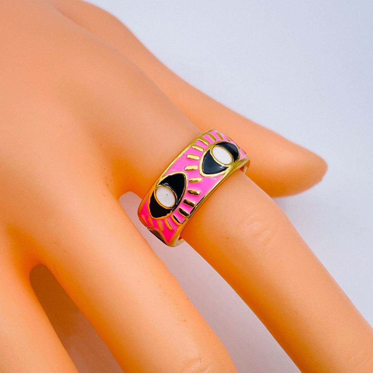 Gold Enamel Orange White Evil Eye Copper Adjustable Band Ring Bulk