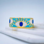Gold Enamel Orange White Evil Eye Copper Adjustable Band Ring Bulk