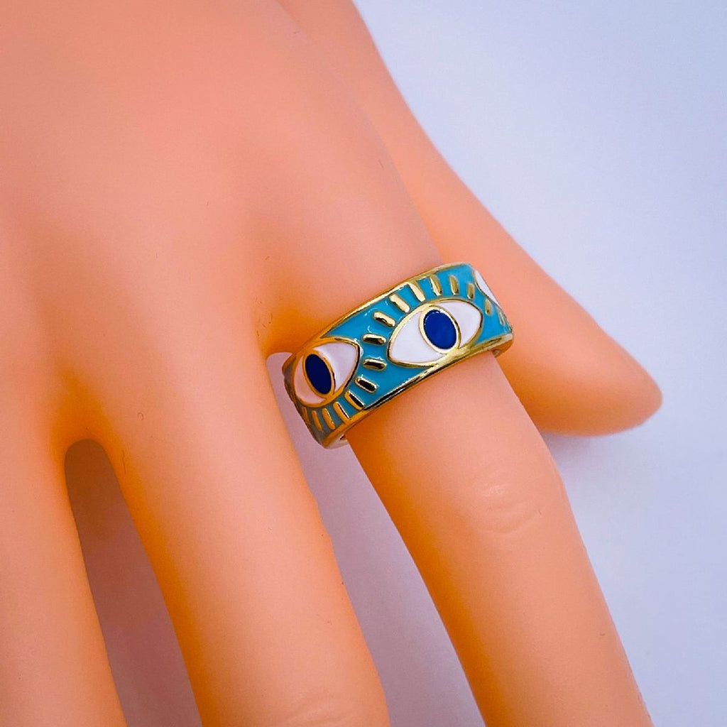 Gold Enamel Orange White Evil Eye Copper Adjustable Band Ring Bulk