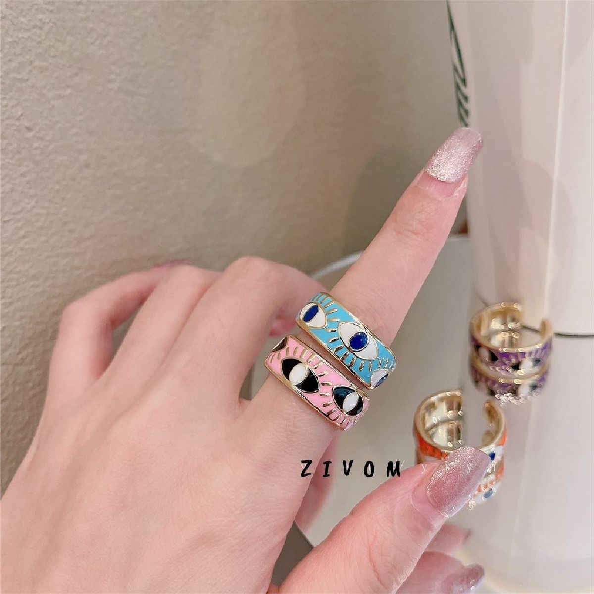 Gold Enamel Orange White Evil Eye Copper Adjustable Band Ring Bulk